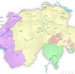 Idiomas en Suiza: alemán (amarillo), francés (púrpura). italiano (verde), romanche (rojo).<br /><a href='http://commons.wikimedia.org/wiki/File:Swiss_languages.png' target='_blank' rel='nofollow'>fuente</a> Idiomas en Suiza